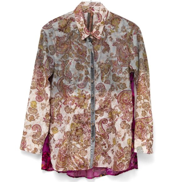 Aratta Blouse Button Front Top Paisley Floral Mix Media Brown Wine Size Small - Picture 1 of 7